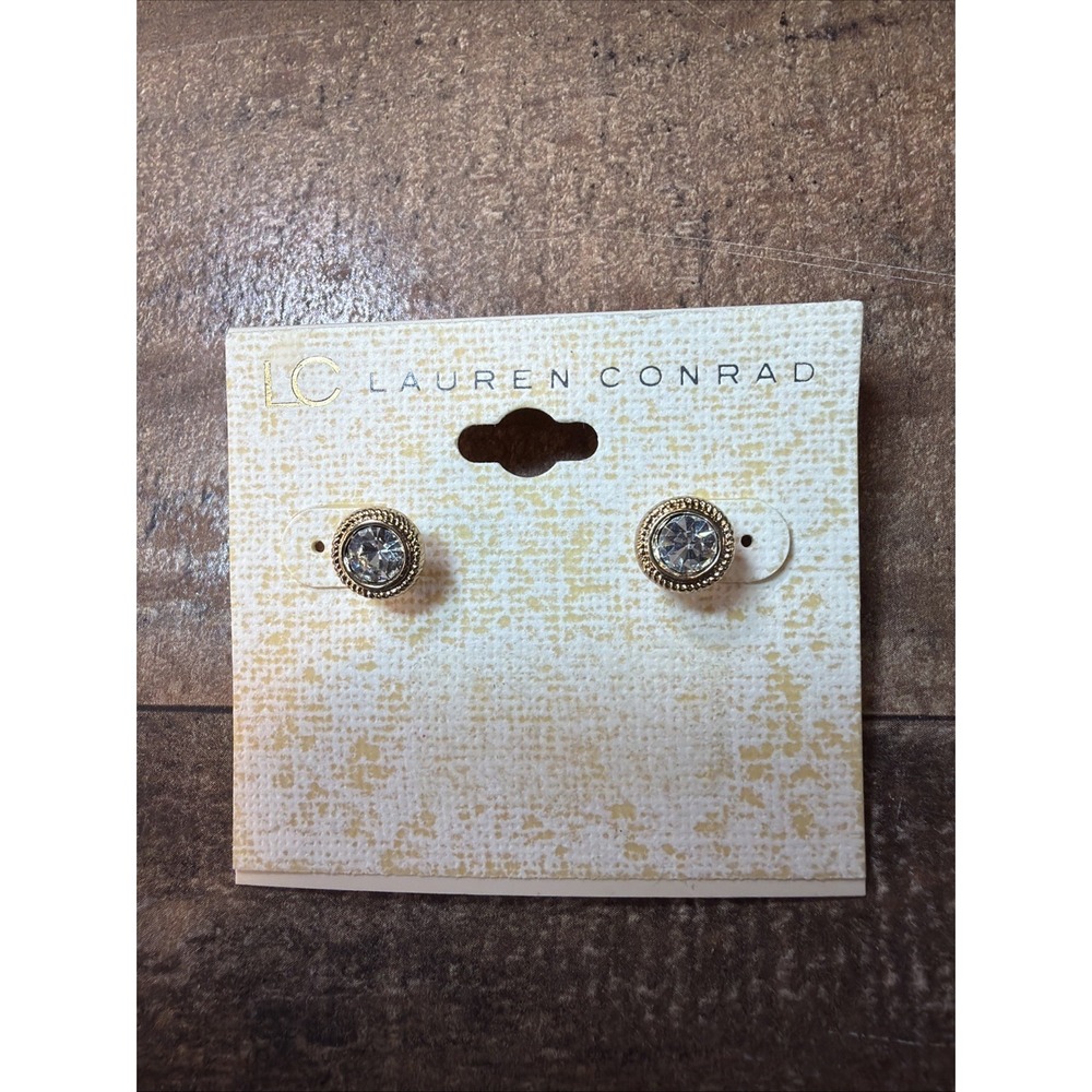 LC Lauren Conrad Gold Tone Crystal Halo Button Stud Earrings Round Rope Border
